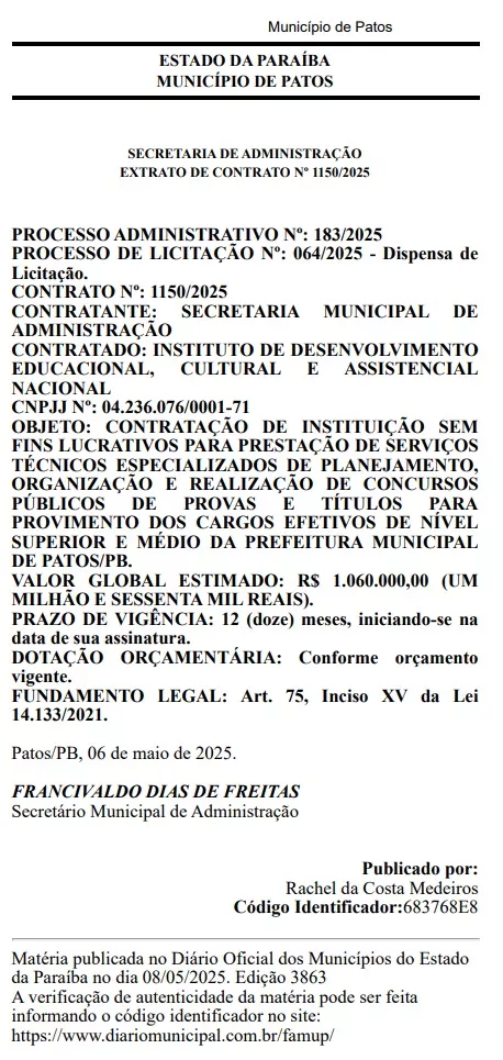 Concurso da prefeitura de Patos (PB) terá IDECAN como banca e R$1 milhão investidos. Vagas de nível médio e superior. Edital sairá em breve!